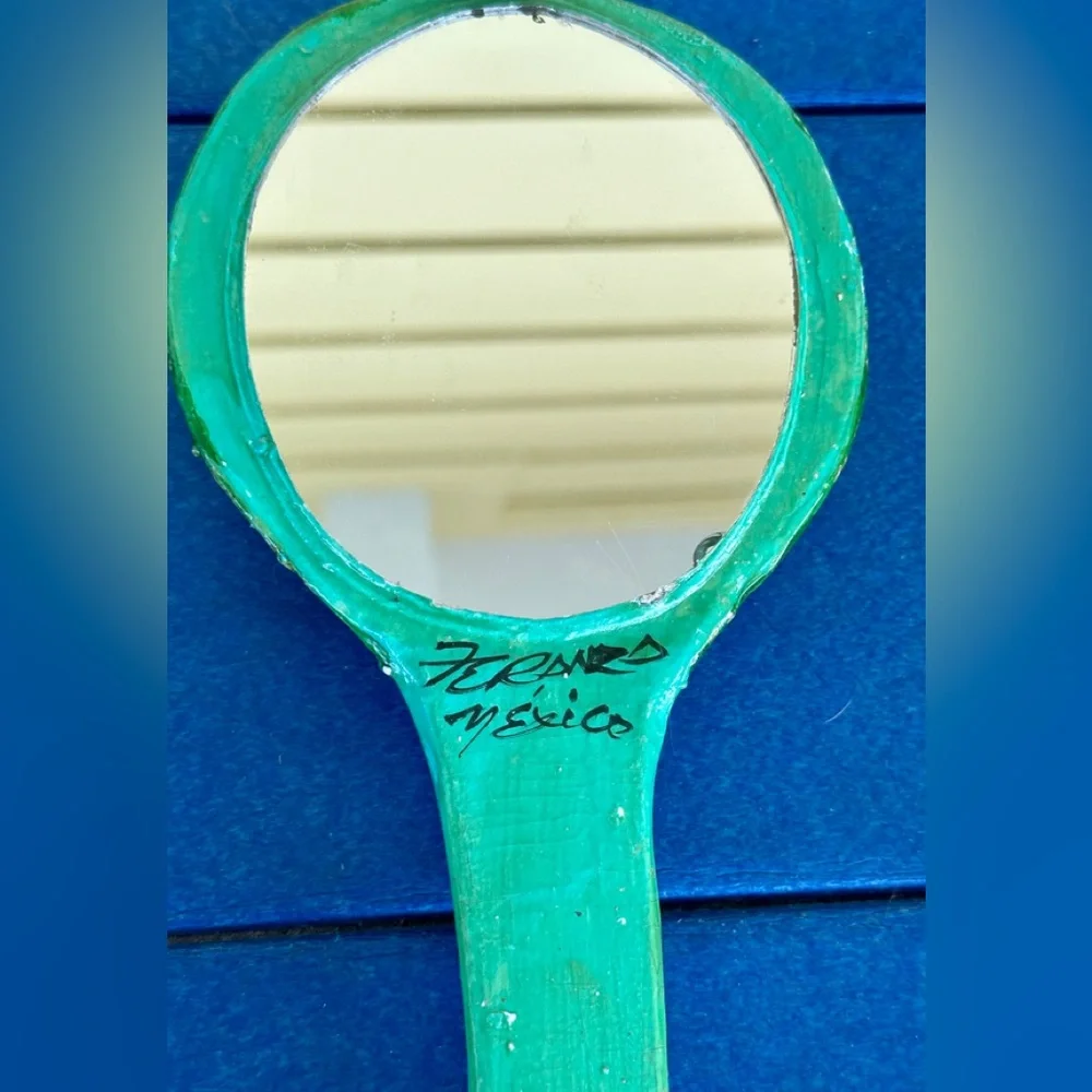 Vintage Mexican Folk Art Hand Mirror — Hand-Painted “Lady Face” — Signed